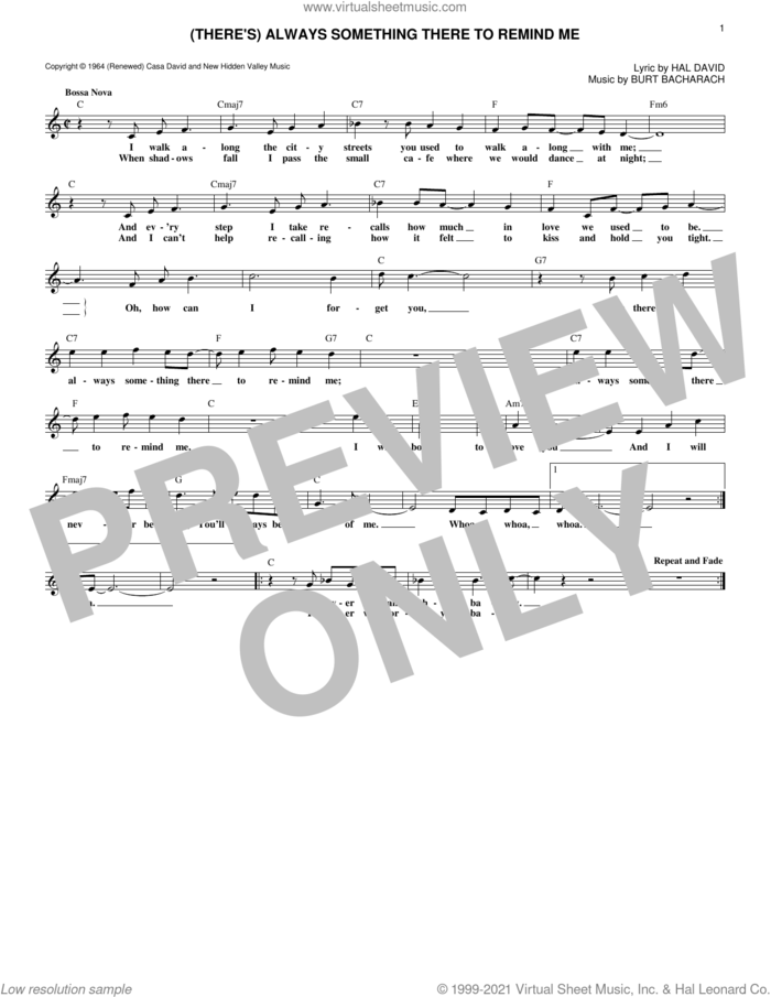 (There's) Always Something There To Remind Me sheet music for voice and other instruments (fake book) by Burt Bacharach, Lou Johnson, Naked Eyes, R.B. Greaves and Hal David, intermediate skill level