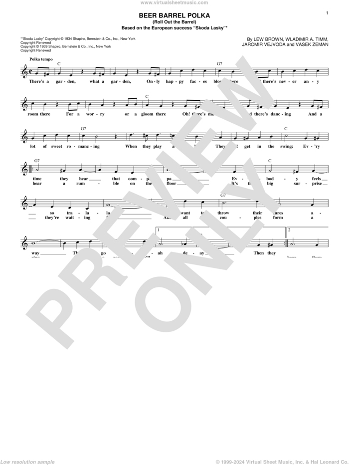 Beer Barrel Polka (Roll Out The Barrel) sheet music for voice and other instruments (fake book) by Bobby Vinton, Jaromir Vejvoda, Lew Brown, Vasek Zeman and Wladimir A. Timm, intermediate skill level