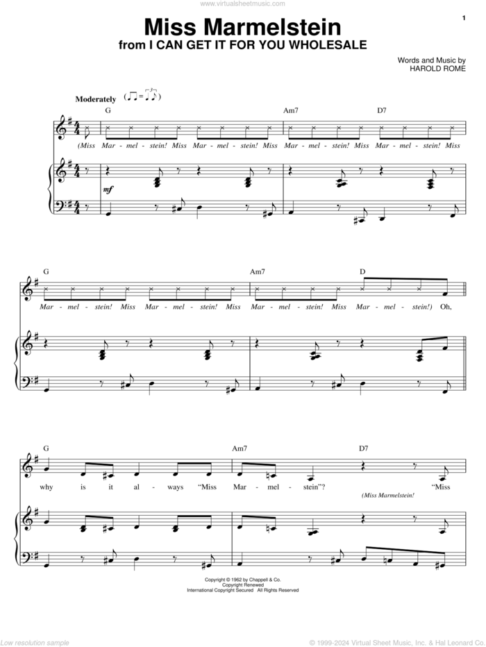 Miss Marmelstein sheet music for voice, piano or guitar by Harold Rome, intermediate skill level