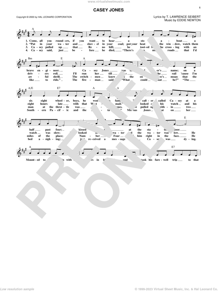 Casey Jones sheet music for voice and other instruments (fake book) by Eddie Newton and T. Lawrence Seibert, intermediate skill level