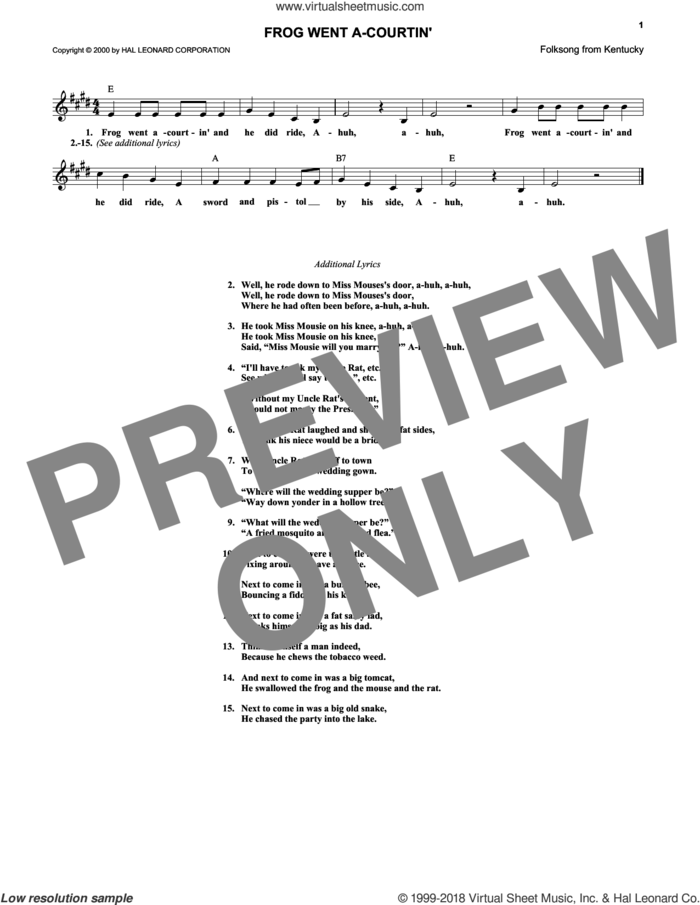 Frog Went A-Courtin' sheet music for voice and other instruments (fake book), intermediate skill level