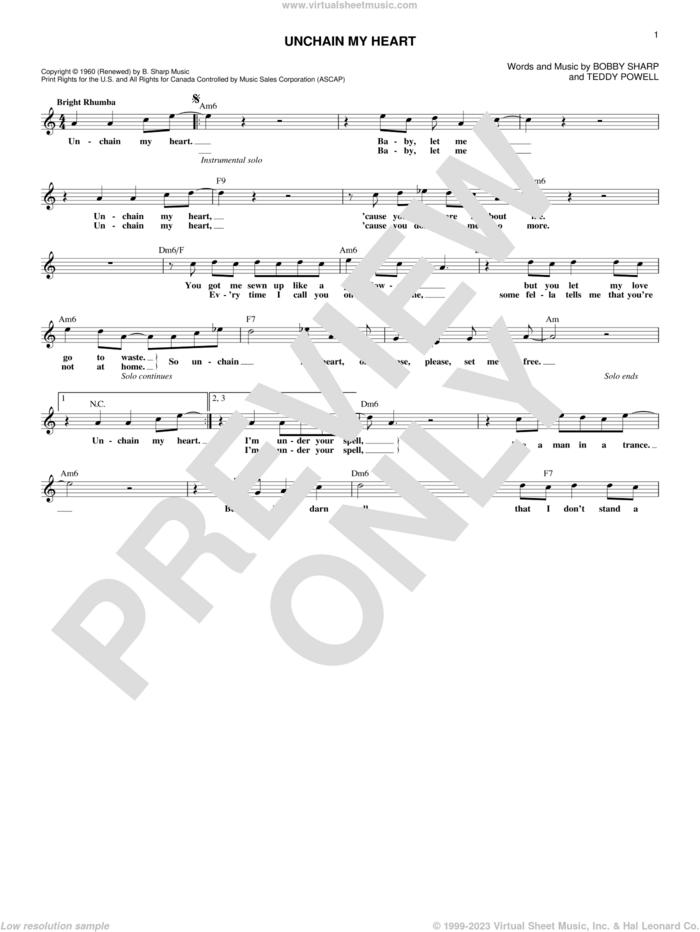 Unchain My Heart sheet music for voice and other instruments (fake book) by Ray Charles, Bobby Sharp and Teddy Powell, intermediate skill level