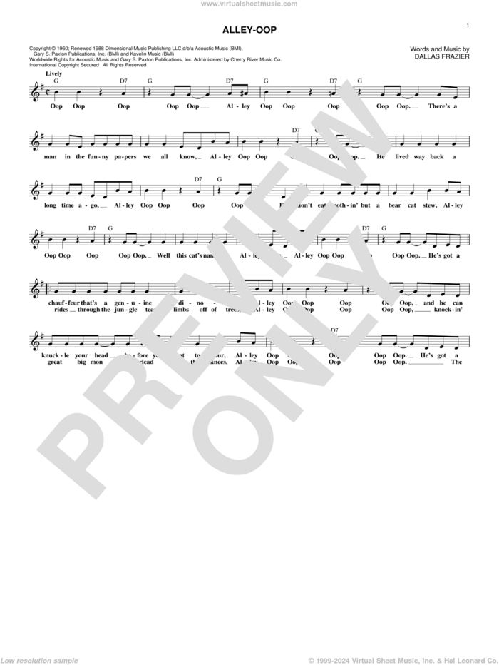 Alley-oop sheet music for voice and other instruments (fake book) by Dallas Frazier, Dyna-Sores and The Hollywood Argyles, intermediate skill level