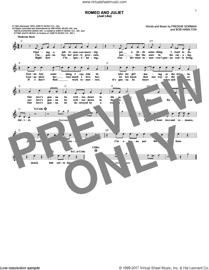 Romeo and Juliet (Just Like) sheet music for voice and other instruments (fake book) by Reflections, Bob Hamilton and Freddie Gorman, intermediate skill level