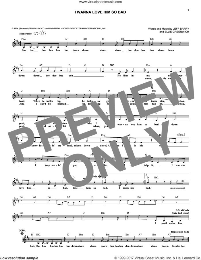 I Wanna Love Him So Bad sheet music for voice and other instruments (fake book) by The Jelly Beans, Ellie Greenwich and Jeff Barry, intermediate skill level