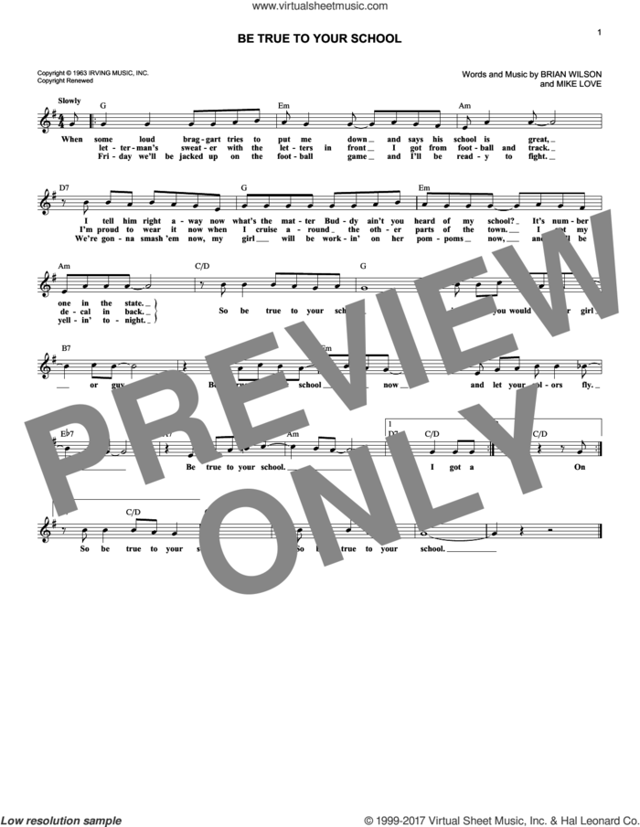 Be True To Your School sheet music for voice and other instruments (fake book) by The Beach Boys, Brian Wilson and Mike Love, intermediate skill level