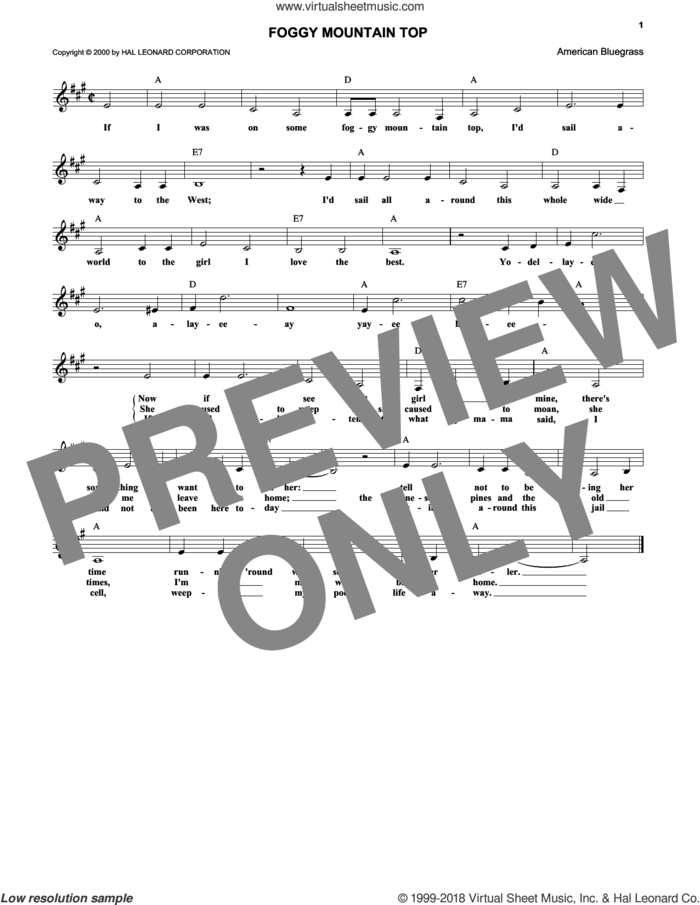 Foggy Mountain Top sheet music for voice and other instruments (fake book) by The Carter Family, A.P. Carter, Maybelle Carter and Sara Carter, intermediate skill level