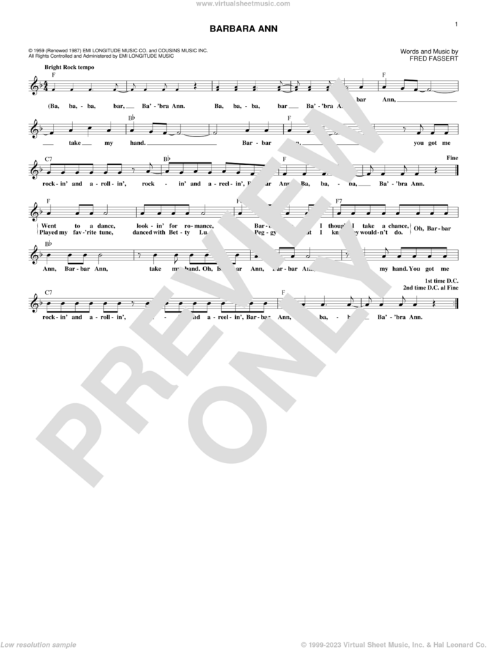Barbara Ann sheet music for voice and other instruments (fake book) by The Beach Boys, The Regents and Fred Fassert, intermediate skill level