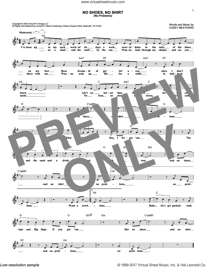 No Shoes No Shirt (No Problems) sheet music for voice and other instruments (fake book) by Kenny Chesney and Casey Beathard, intermediate skill level