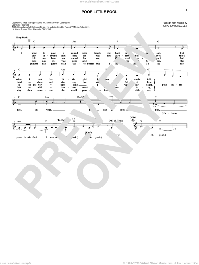 Poor Little Fool sheet music for voice and other instruments (fake book) by Ricky Nelson and Sharon Sheeley, intermediate skill level