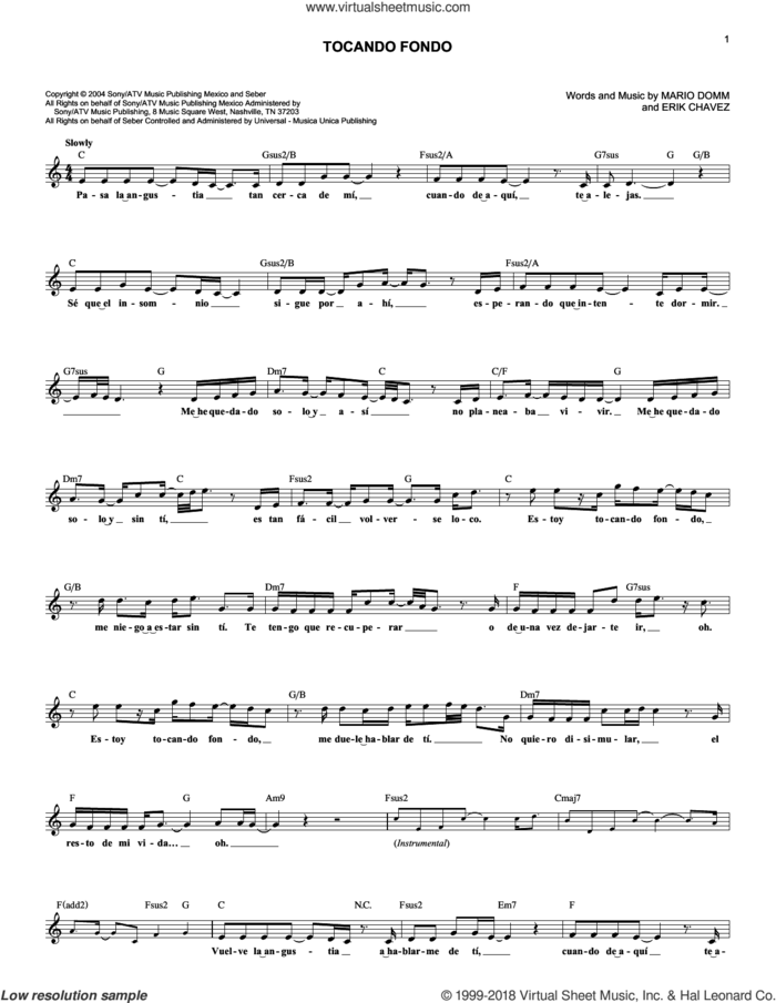 Tocando Fondo sheet music for voice and other instruments (fake book) by Erik Chavez and Mario Domm, wedding score, intermediate skill level