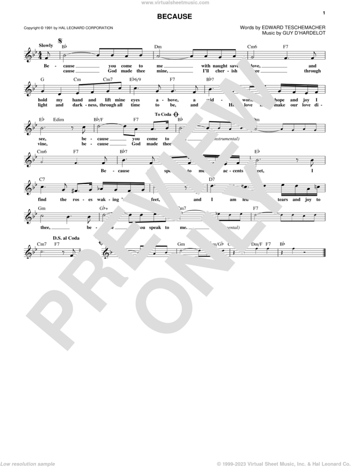 Because sheet music for voice and other instruments (fake book) by Guy D'Hardelot and Edward Teschemacher, wedding score, intermediate skill level
