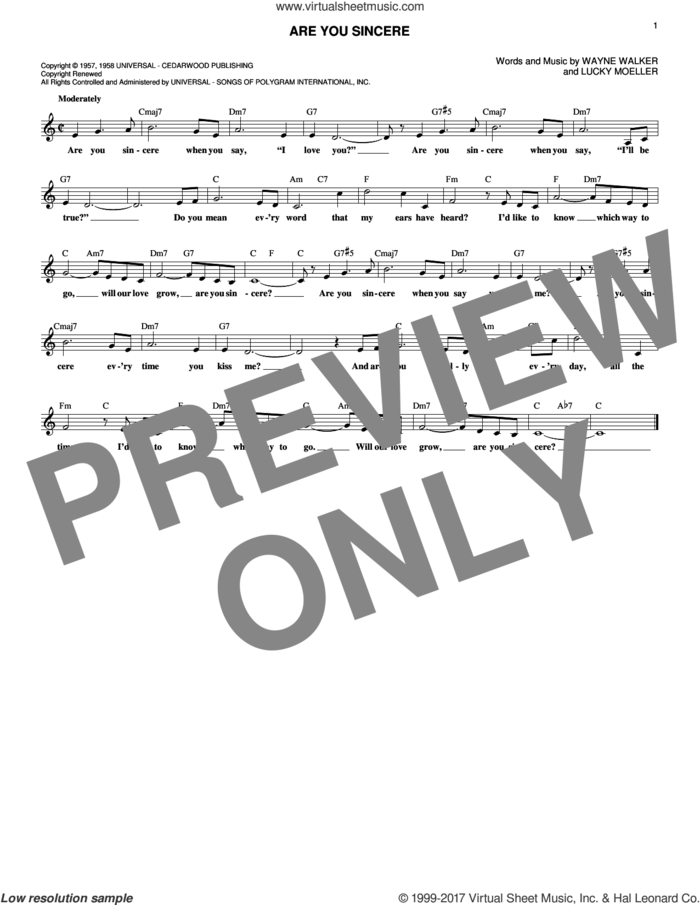 Are You Sincere sheet music for voice and other instruments (fake book) by Wayne Walker, Andy Williams, Elvis Presley, Trini Lopez and Lucky Moeller, intermediate skill level