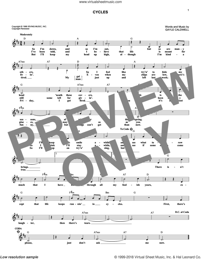 Cycles sheet music for voice and other instruments (fake book) by Frank Sinatra and Gayle Caldwell, wedding score, intermediate skill level