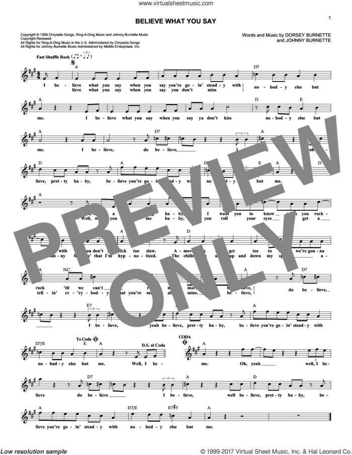 Believe What You Say sheet music for voice and other instruments (fake book) by Ricky Nelson, Dorsey Burnette and Johnny Burnette, intermediate skill level