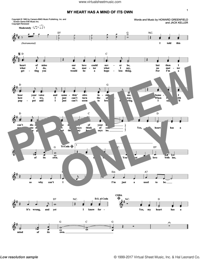 My Heart Has A Mind Of Its Own sheet music for voice and other instruments (fake book) by Connie Francis, Howard Greenfield and Jack Keller, intermediate skill level