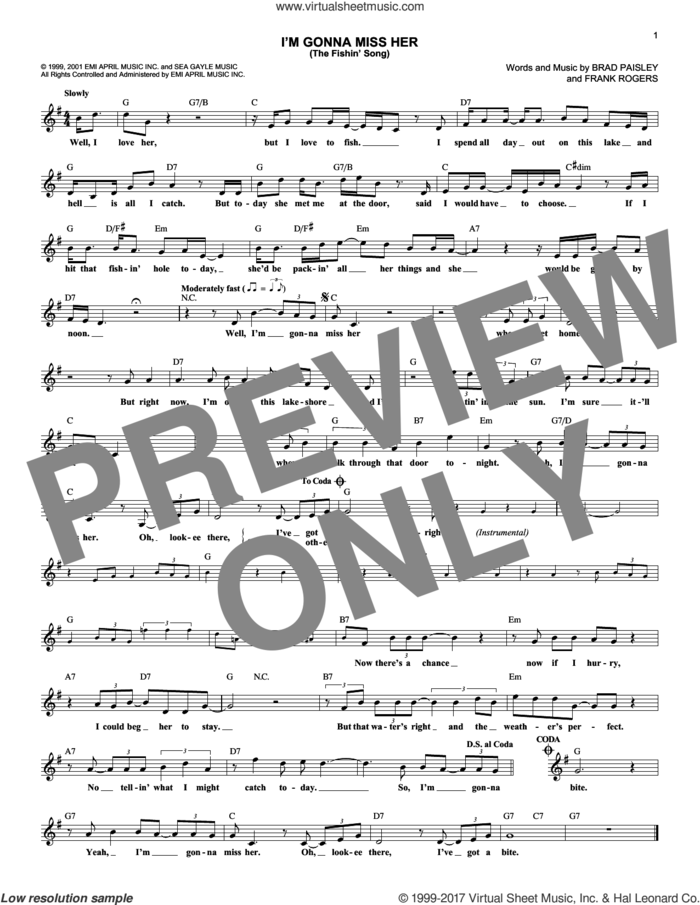 I'm Gonna Miss Her (The Fishin' Song) sheet music for voice and other instruments (fake book) by Brad Paisley and Frank Rogers, intermediate skill level