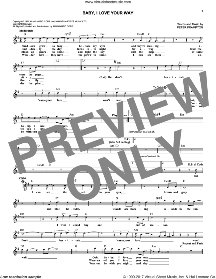 Baby, I Love Your Way sheet music for voice and other instruments (fake book) by Peter Frampton, intermediate skill level