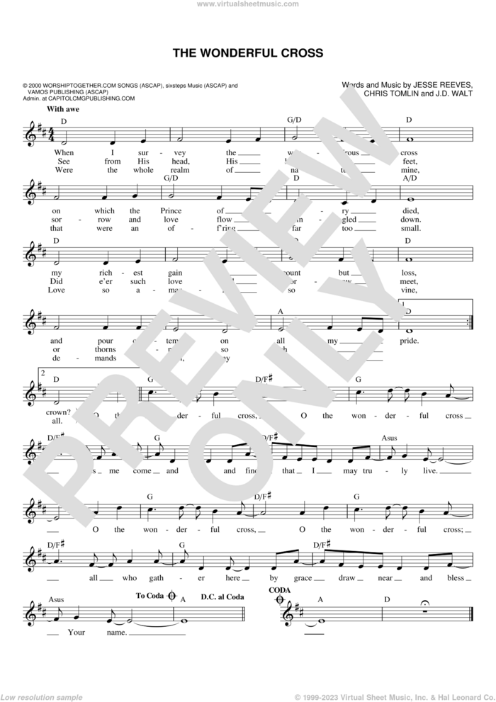 The Wonderful Cross sheet music for voice and other instruments (fake book) by Chris Tomlin, Phillips, Craig & Dean, J.D. Walt and Jesse Reeves, intermediate skill level