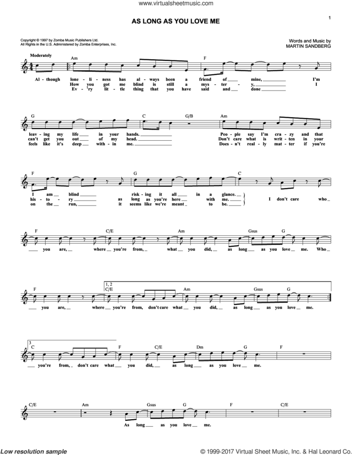 As Long As You Love Me sheet music for voice and other instruments (fake book) by Backstreet Boys and Martin Sandberg, intermediate skill level