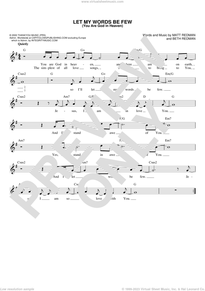 Let My Words Be Few (You Are God In Heaven) sheet music for voice and other instruments (fake book) by Matt Redman, Rebecca St. James and Beth Redman, intermediate skill level