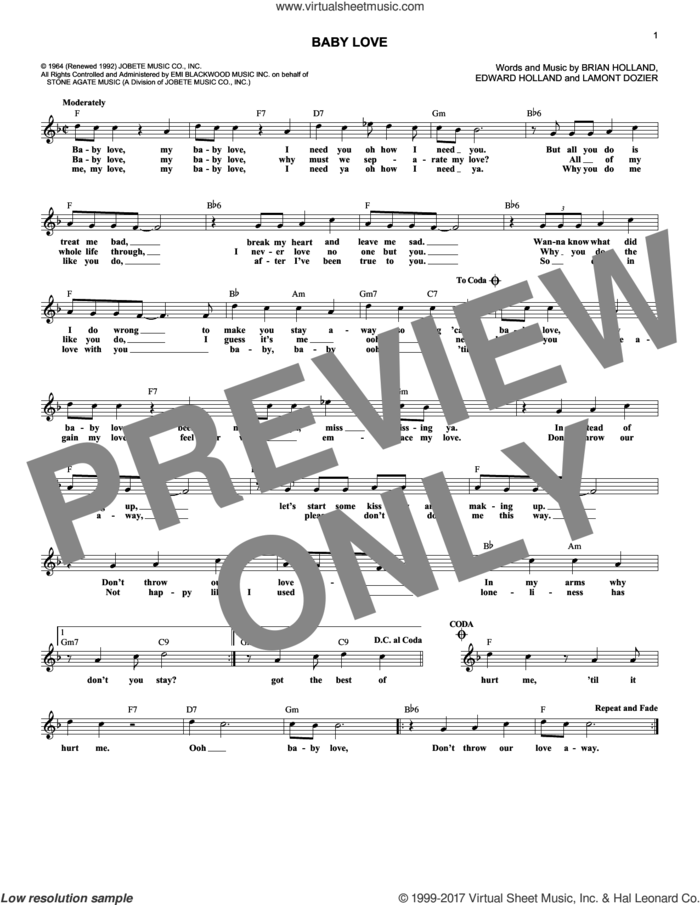 Baby Love sheet music for voice and other instruments (fake book) by The Supremes, Brian Holland, Edward Holland Jr. and Lamont Dozier, intermediate skill level