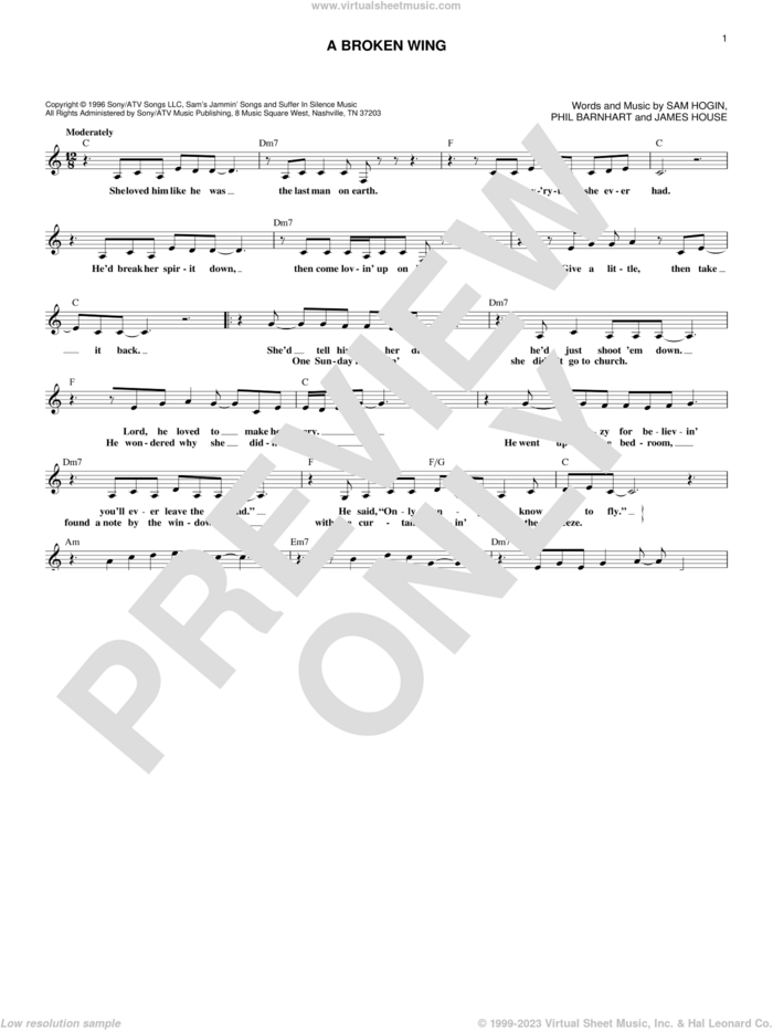 A Broken Wing sheet music for voice and other instruments (fake book) by Martina McBride, Jordin Sparks, James House, Phil Barnhart and Sam Hogin, intermediate skill level