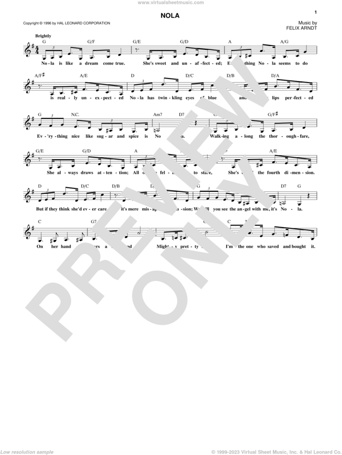 Nola sheet music for voice and other instruments (fake book) by Felix Arndt, intermediate skill level