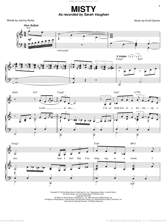 Misty sheet music for voice, piano or guitar by Sarah Vaughan, Ella Fitzgerald, Johnny Mathis, Kenny Rogers, Ray Stevens, Stephane Grappelli, Erroll Garner and John Burke, intermediate skill level