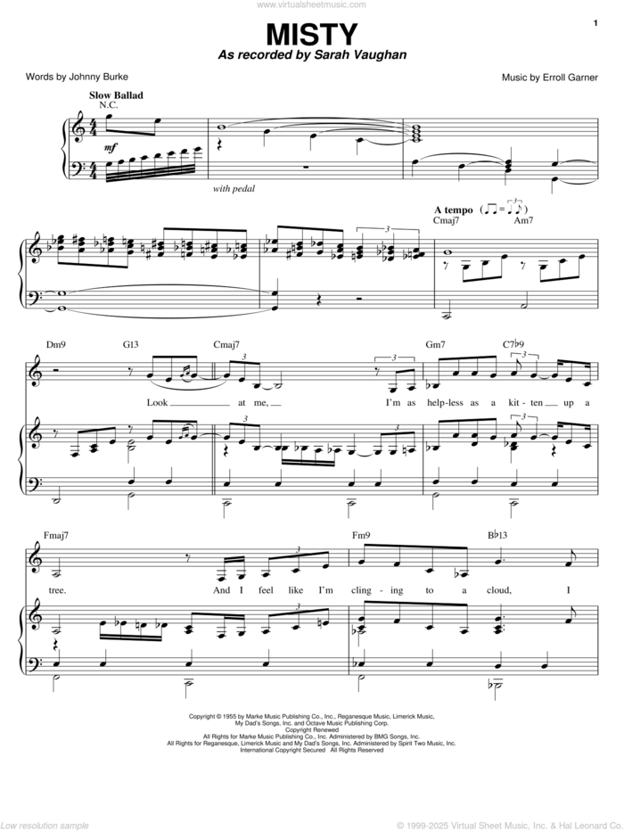 Misty sheet music for voice, piano or guitar by Sarah Vaughan, Ella Fitzgerald, Johnny Mathis, Kenny Rogers, Ray Stevens, Stephane Grappelli, Erroll Garner and John Burke, intermediate skill level