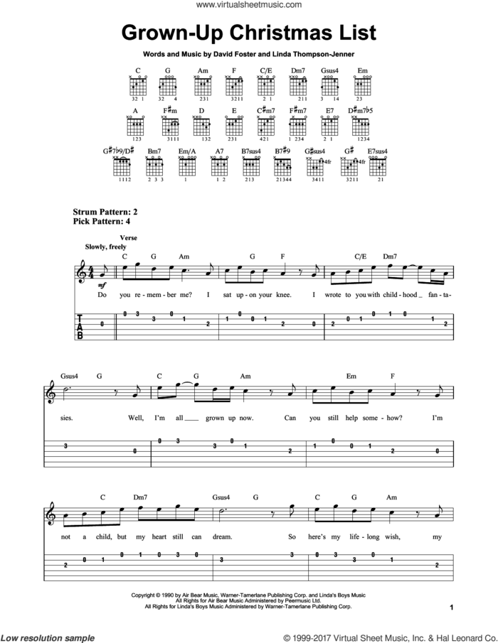 Grown-Up Christmas List sheet music for guitar solo (easy tablature) by Amy Grant, David Foster and Linda Thompson-Jenner, easy guitar (easy tablature)