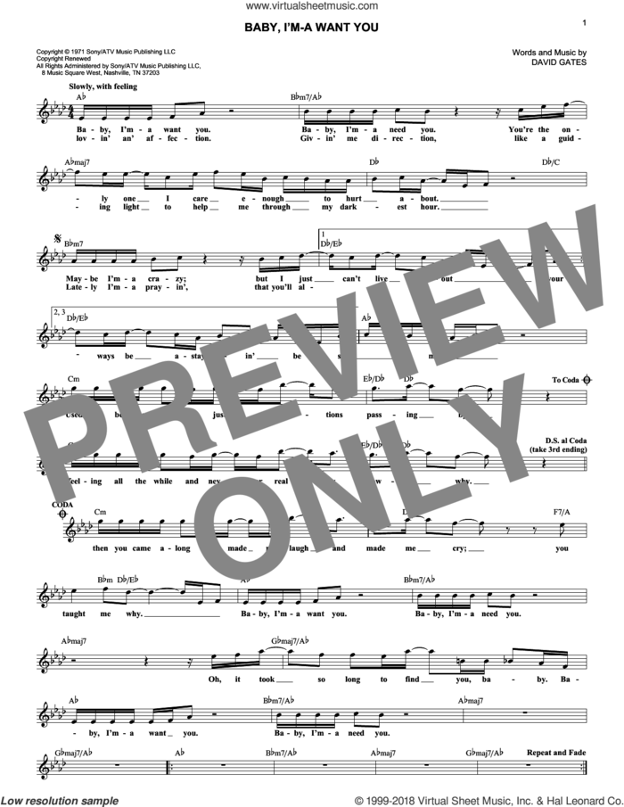 Baby, I'm-A Want You sheet music for voice and other instruments (fake book) by Bread and David Gates, intermediate skill level