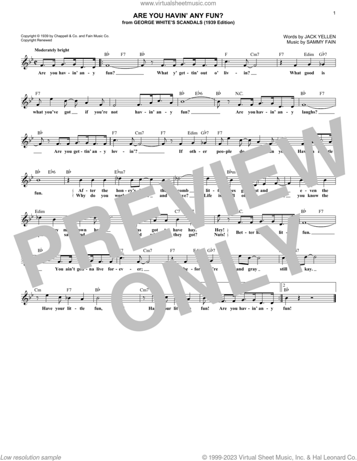 Are You Havin' Any Fun? sheet music for voice and other instruments (fake book) by Jack Yellen and Sammy Fain, intermediate skill level