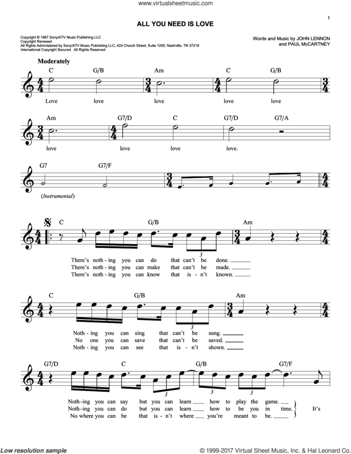 All You Need Is Love sheet music for voice and other instruments (fake book) by The Beatles, John Lennon and Paul McCartney, wedding score, easy skill level