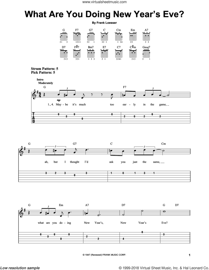 What Are You Doing New Year's Eve? sheet music for guitar solo (easy tablature) by Frank Loesser, easy guitar (easy tablature)