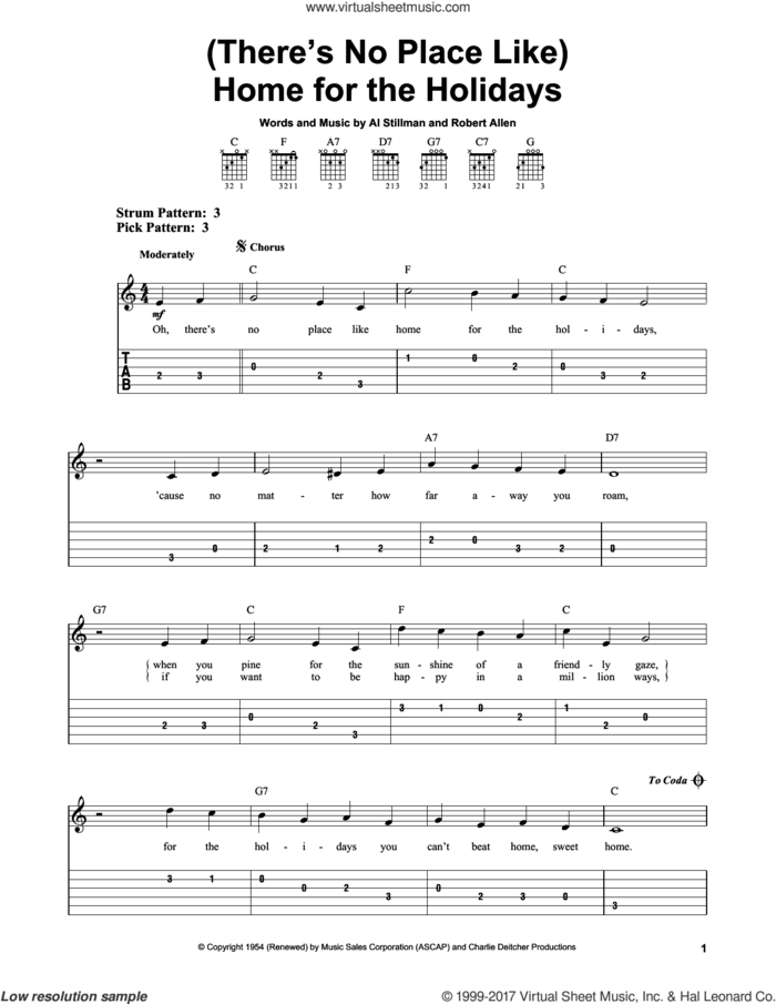 (There's No Place Like) Home For The Holidays sheet music for guitar solo (easy tablature) by Perry Como, Al Stillman and Robert Allen, easy guitar (easy tablature)