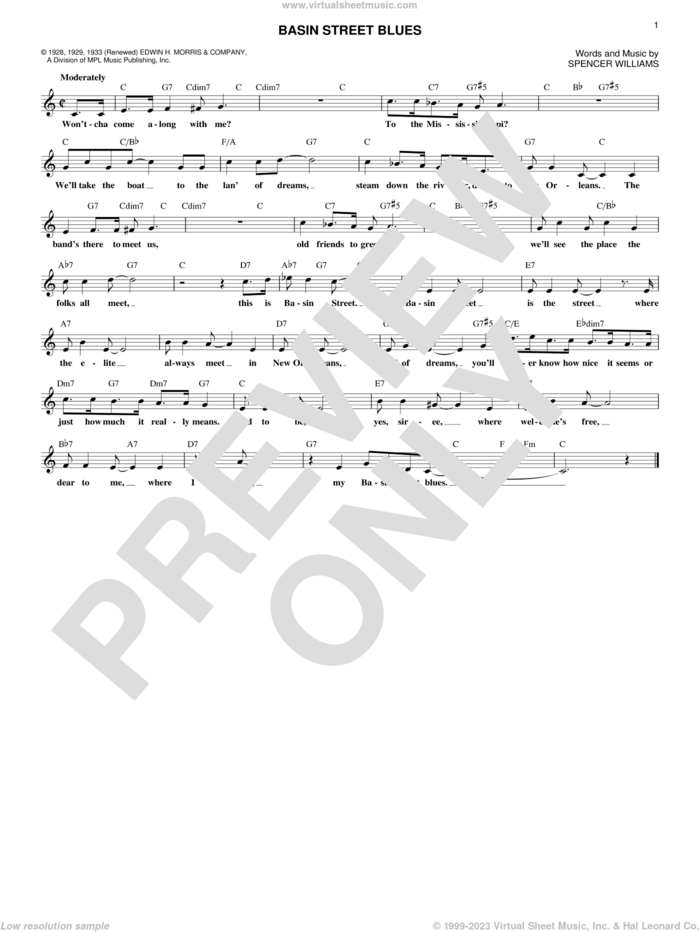 Basin Street Blues sheet music for voice and other instruments (fake book) by Spencer Williams, intermediate skill level