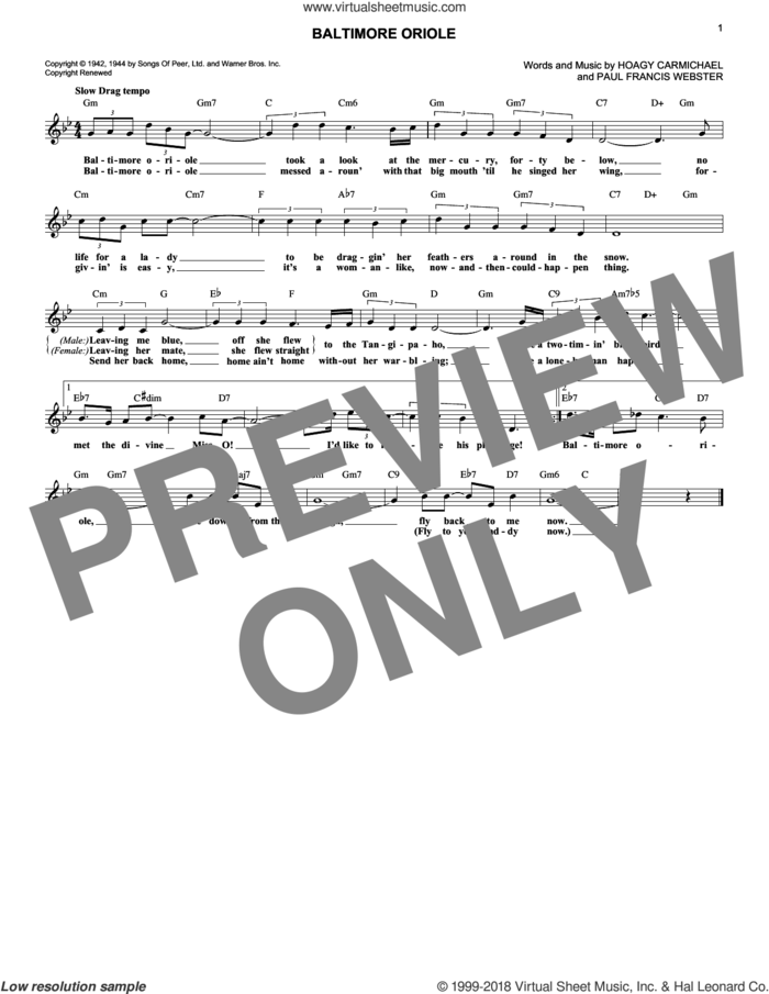 Baltimore Oriole sheet music for voice and other instruments (fake book) by Hoagy Carmichael and Paul Francis Webster, intermediate skill level