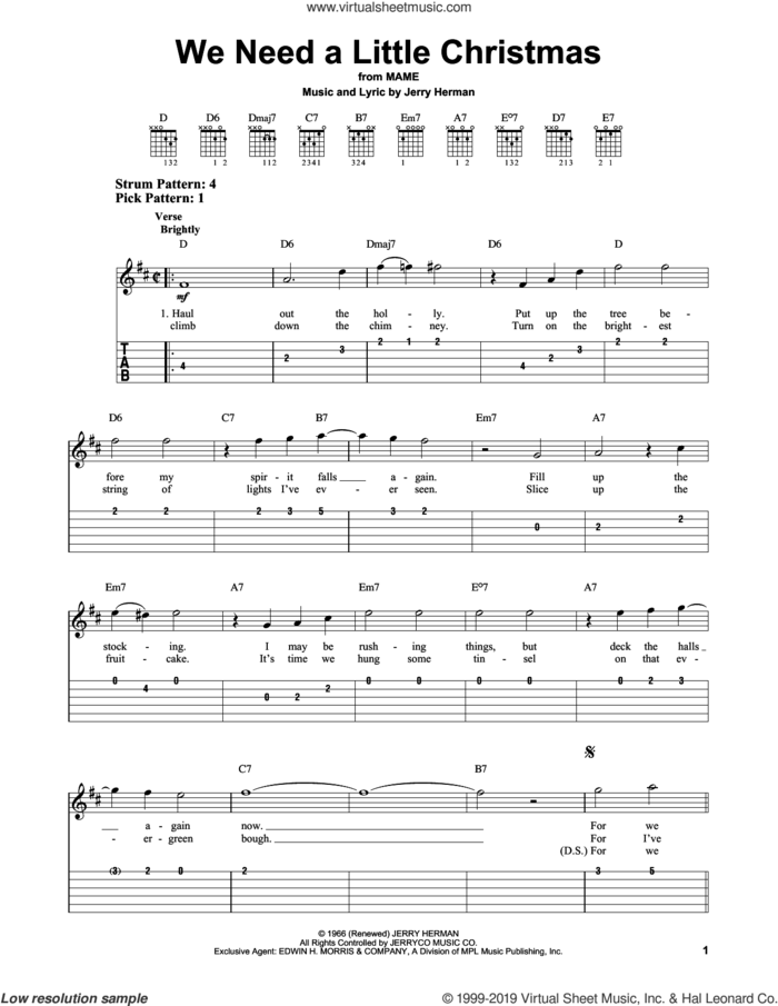 We Need A Little Christmas sheet music for guitar solo (easy tablature) by Jerry Herman and Kimberley Locke, easy guitar (easy tablature)
