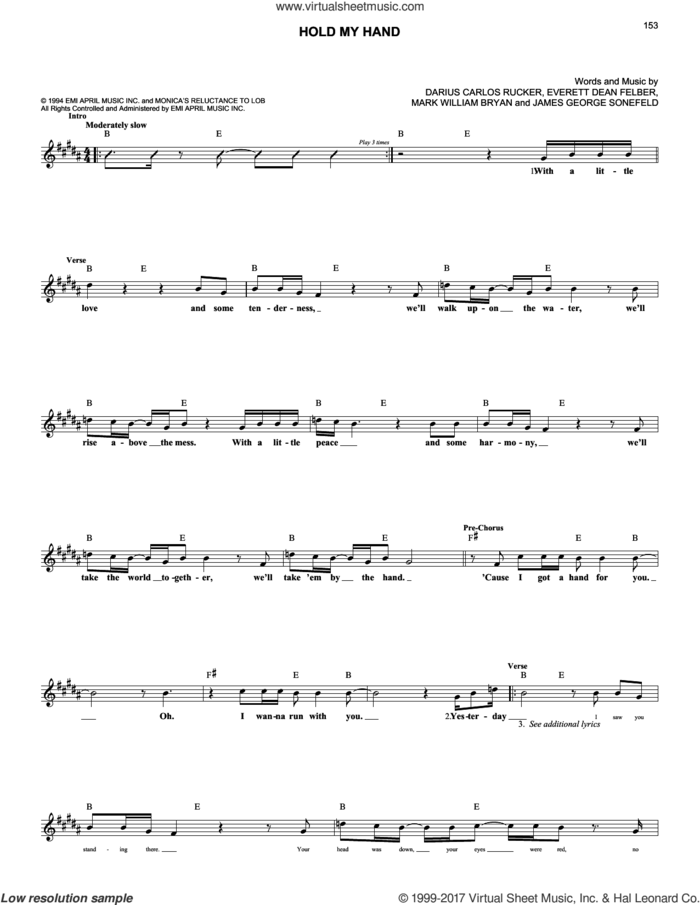 Hold My Hand sheet music for voice and other instruments (fake book) by Hootie & The Blowfish, Darius Carlos Rucker, Everett Dean Felber, James George Sonefeld and Mark William Bryan, intermediate skill level