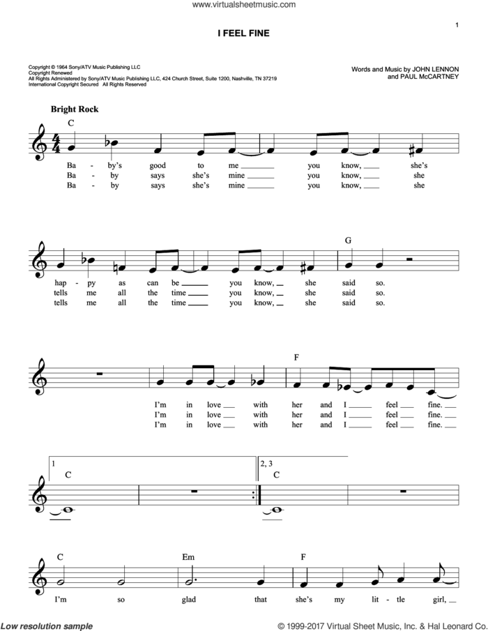 I Feel Fine sheet music for voice and other instruments (fake book) by The Beatles, John Lennon and Paul McCartney, easy skill level