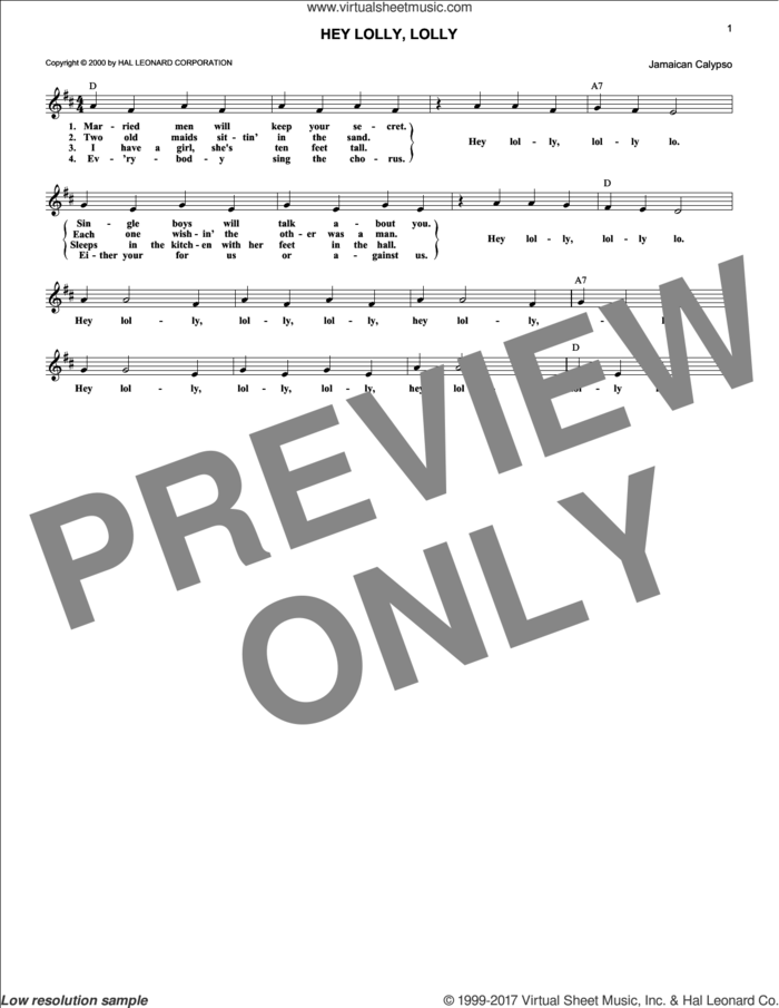 Hey Lolly, Lolly sheet music for voice and other instruments (fake book) by Traditional Calypso Song, intermediate skill level
