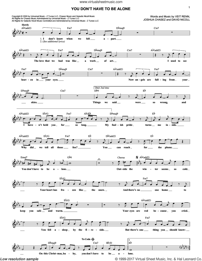 You Don't Have To Be Alone sheet music for voice and other instruments (fake book) by 'N Sync, David Nicoll, Joshua Chasez and Veit Renn, intermediate skill level
