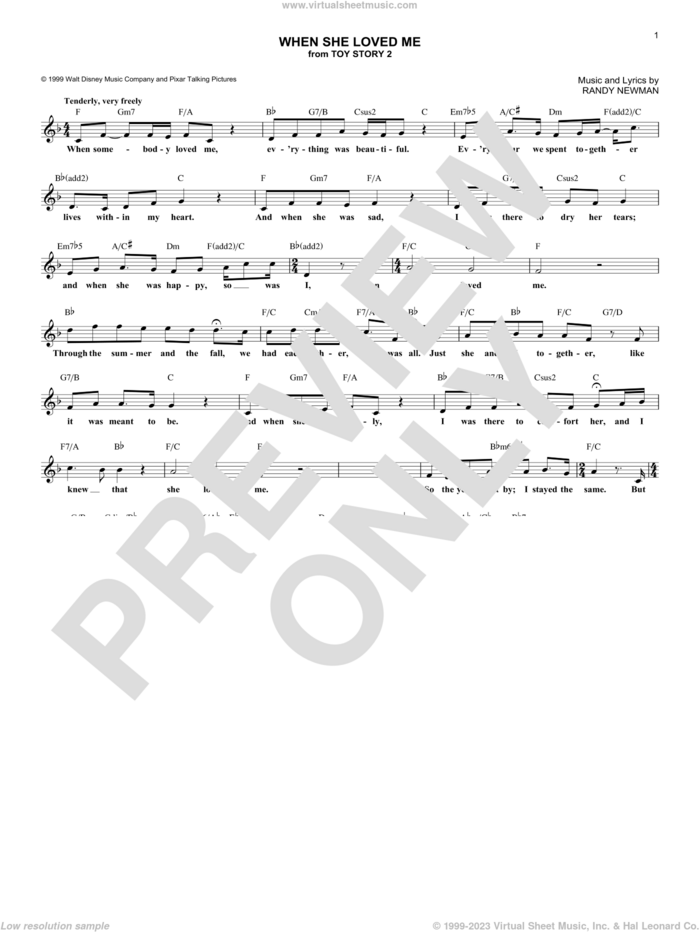 When She Loved Me (from Toy Story 2) sheet music for voice and other instruments (fake book) by Sarah McLachlan and Randy Newman, intermediate skill level