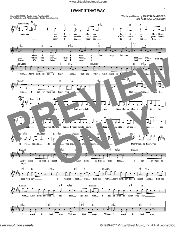 I Want It That Way sheet music for voice and other instruments (fake book) by Backstreet Boys, Andreas Carlsson and Martin Sandberg, intermediate skill level