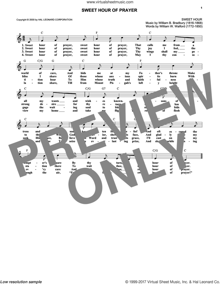 Sweet Hour Of Prayer sheet music for voice and other instruments (fake book) by William B. Bradbury and William W. Walford, intermediate skill level