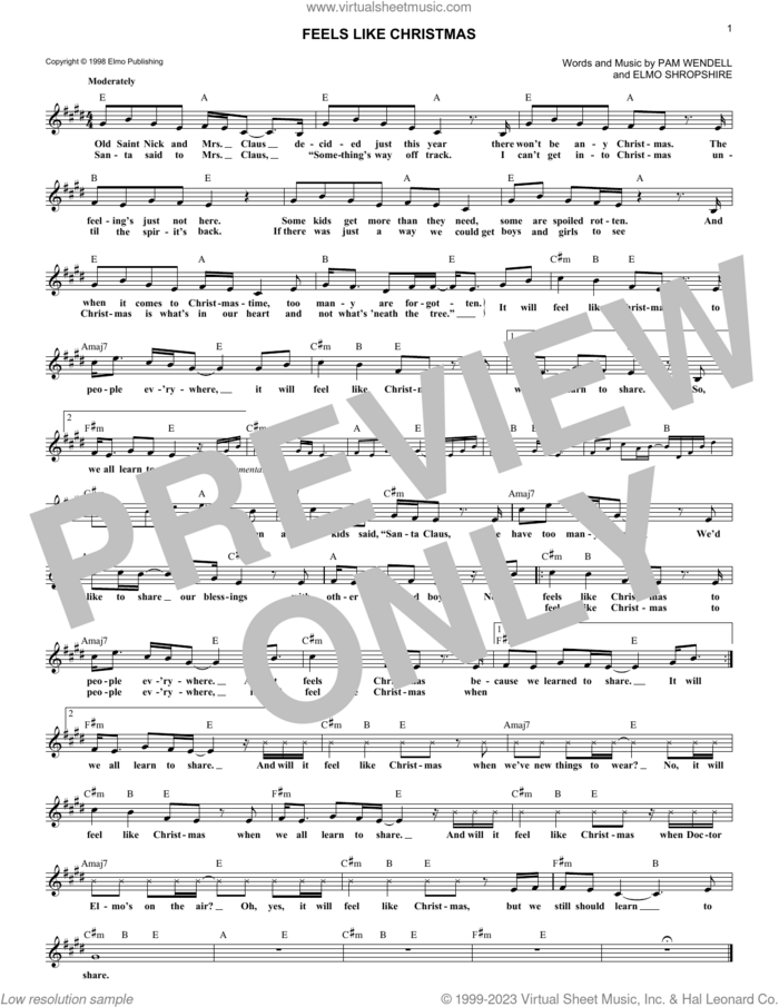 Feels Like Christmas sheet music for voice and other instruments (fake book) by Elmo Shropshire and Pam Wendell, intermediate skill level