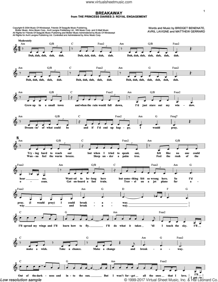 Breakaway sheet music for voice and other instruments (fake book) by Kelly Clarkson, Avril Lavigne, Bridget Benenate and Matthew Gerrard, intermediate skill level