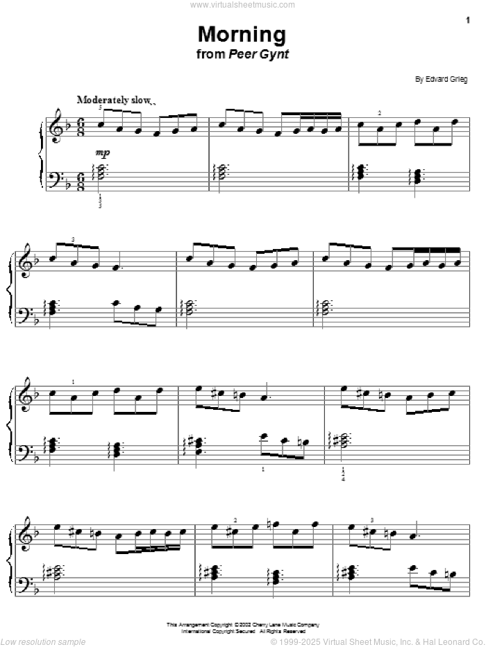 Morning (from Peer Gynt) sheet music for piano solo by Edvard Grieg, classical score, easy skill level