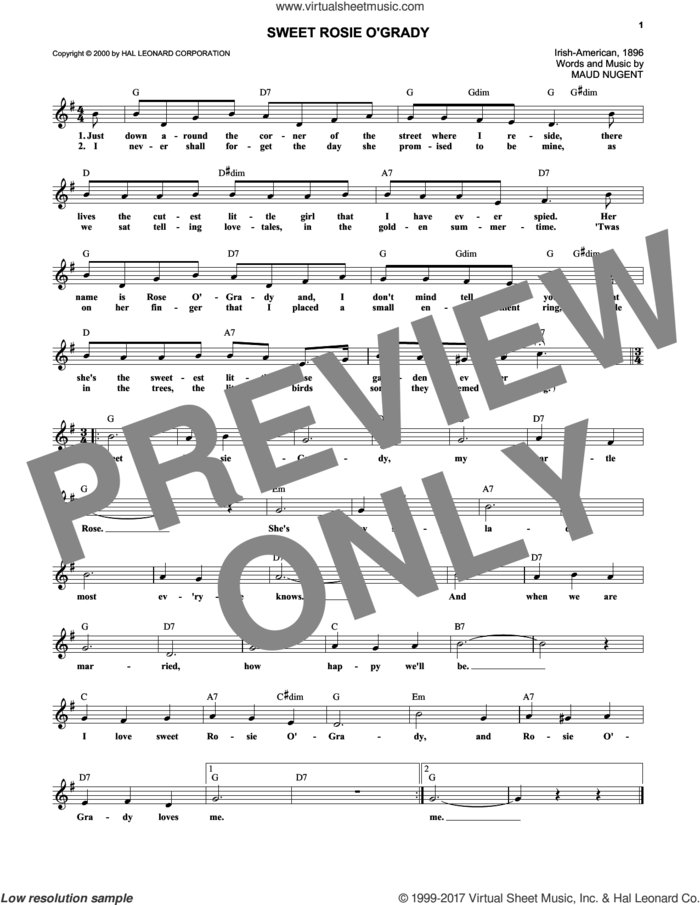 Sweet Rosie O'Grady sheet music for voice and other instruments (fake book) by Maude Nugent, intermediate skill level